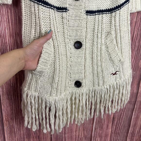 Hollister Womens Ivory Chunky Knit Cardigan Fringe Y2K 2000s Wool Fair Isle XS/S - Picture 4 of 6